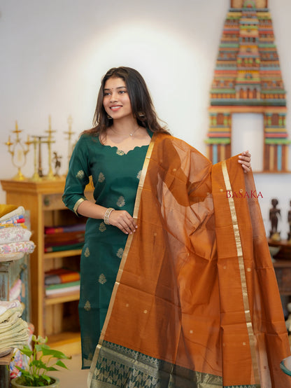 British Green n Bronze Kora Silk Suit Set (3 pcs.) with lining.