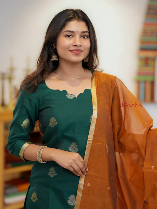 British Green n Bronze Kora Silk Suit Set (3 pcs.) with lining.