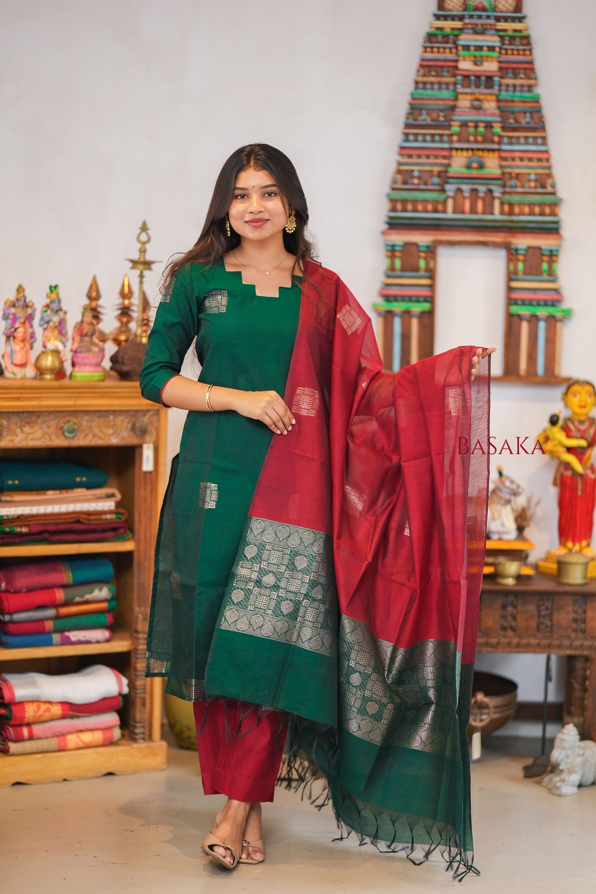 British Racing Green n Burgundy Kora Silk Suit Set (3 pcs.) with lining