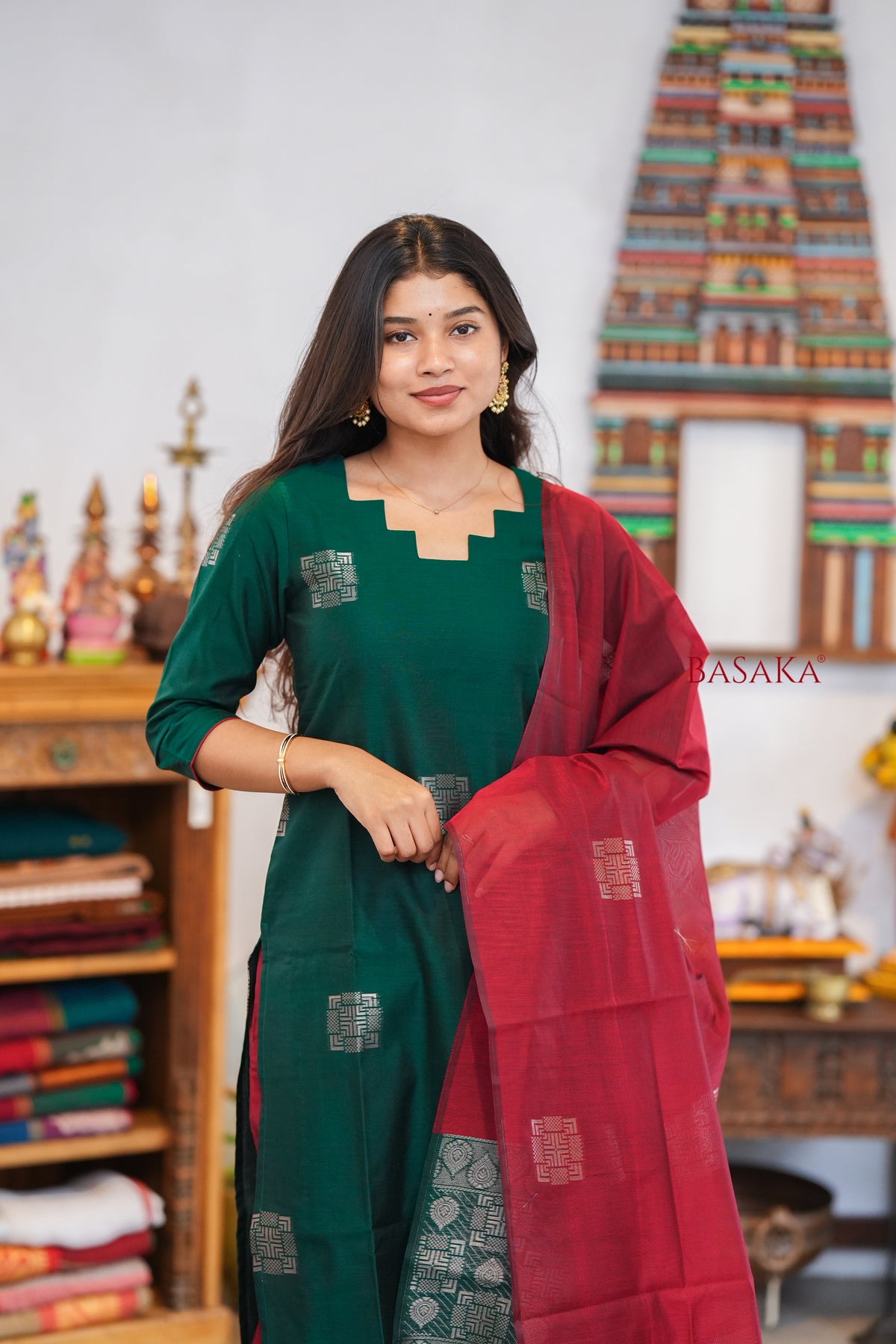 British Racing Green n Burgundy Kora Silk Suit Set (3 pcs.) with lining