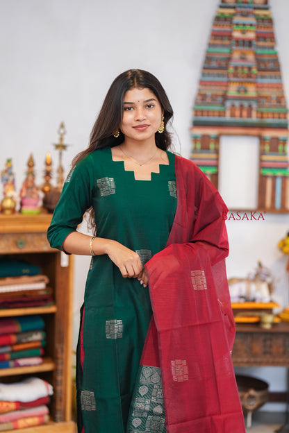British Racing Green n Burgundy Kora Silk Suit Set (3 pcs.) with lining