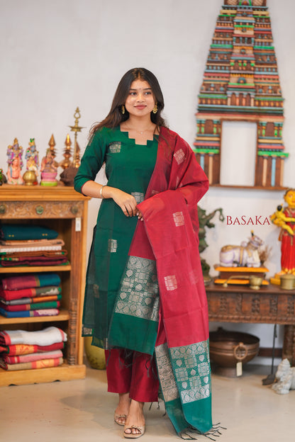 British Racing Green n Burgundy Kora Silk Suit Set (3 pcs.) with lining