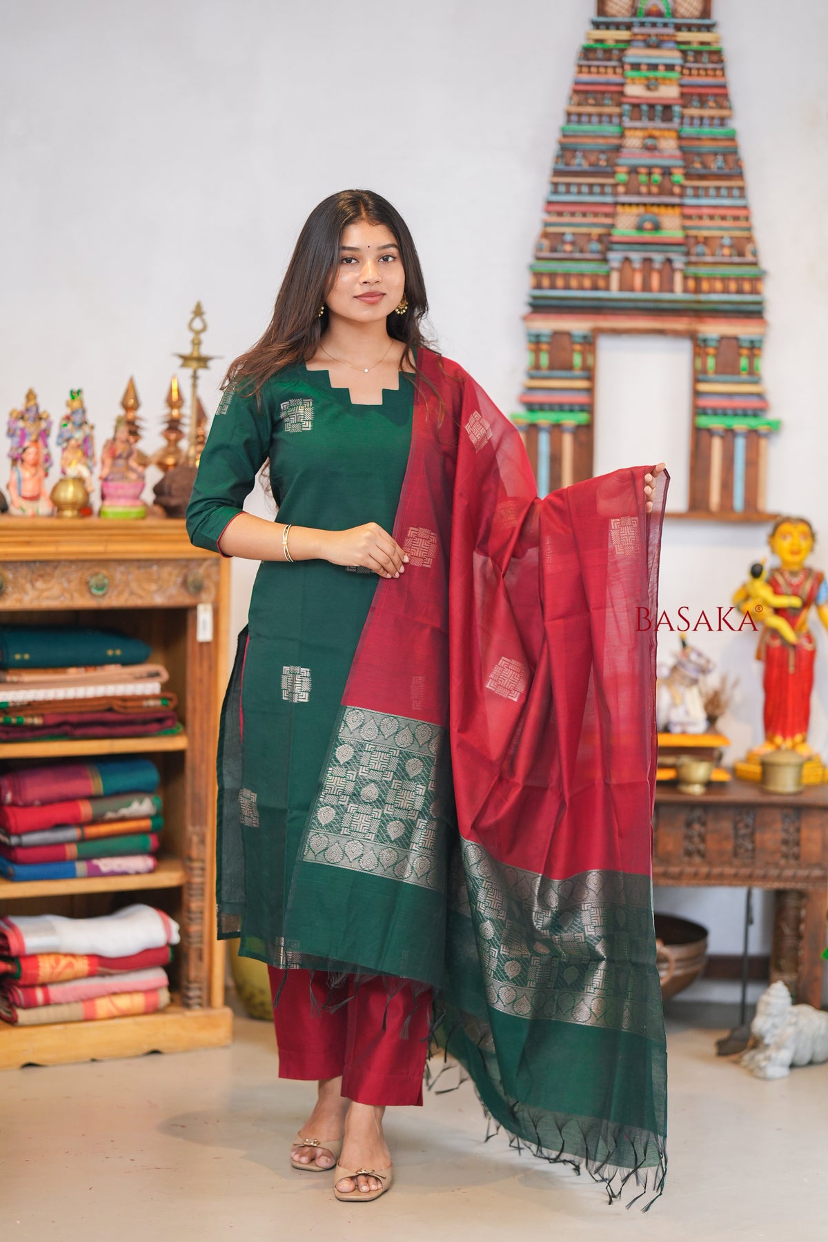 British Racing Green n Burgundy Kora Silk Suit Set (3 pcs.) with lining