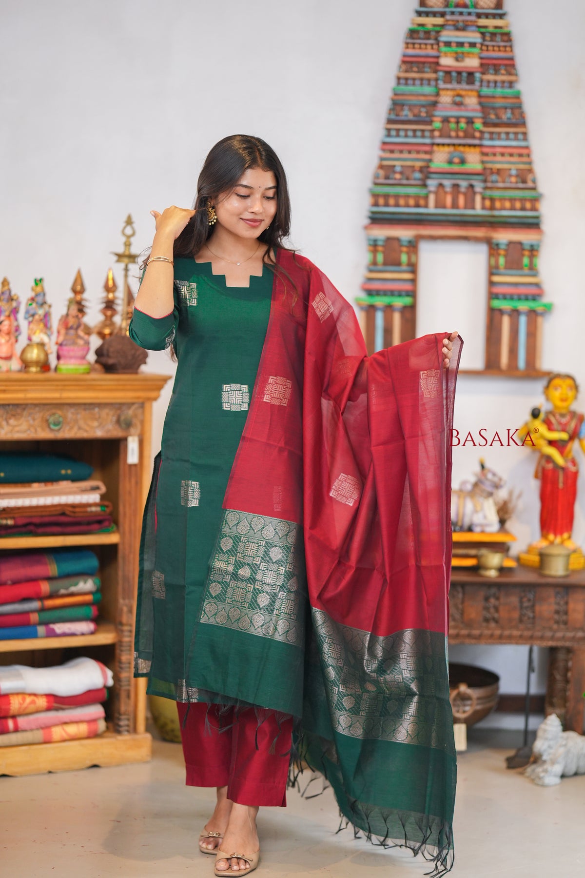 British Racing Green n Burgundy Kora Silk Suit Set (3 pcs.) with lining