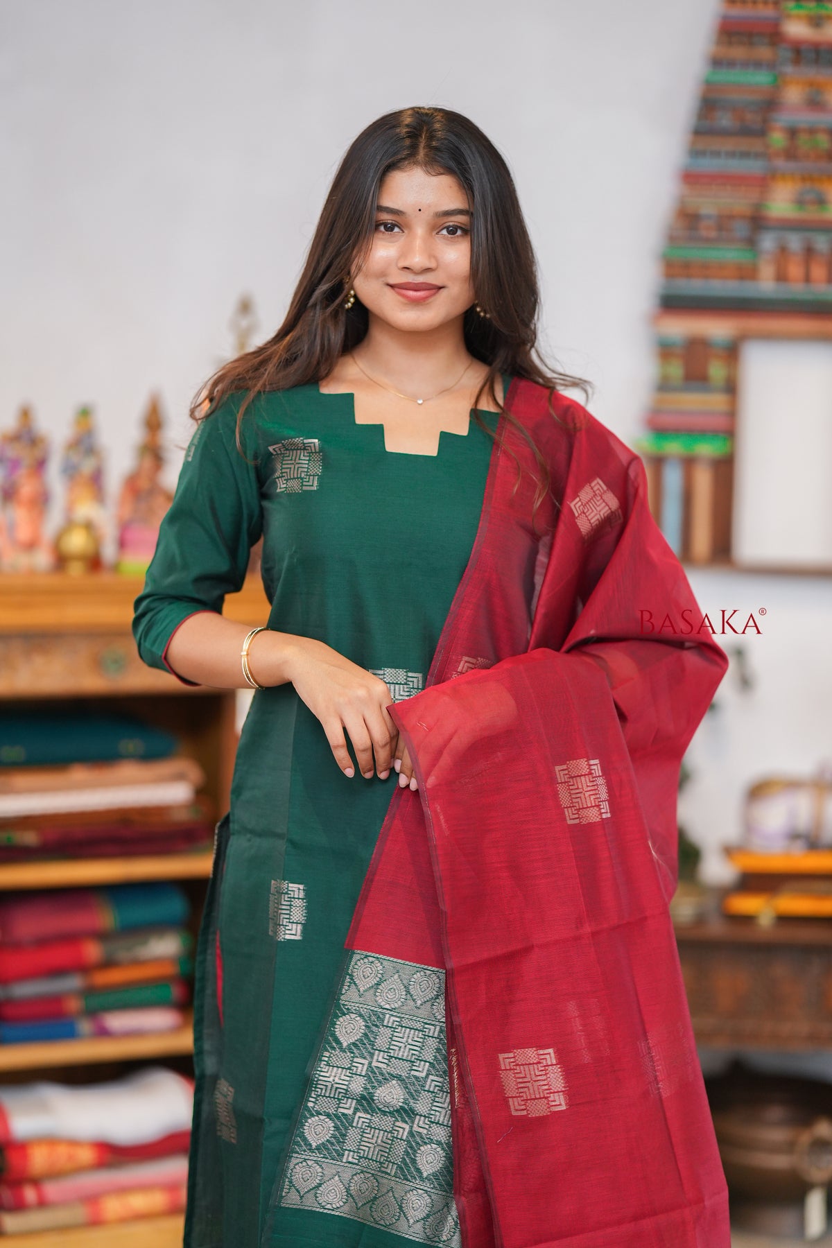British Racing Green n Burgundy Kora Silk Suit Set (3 pcs.) with lining