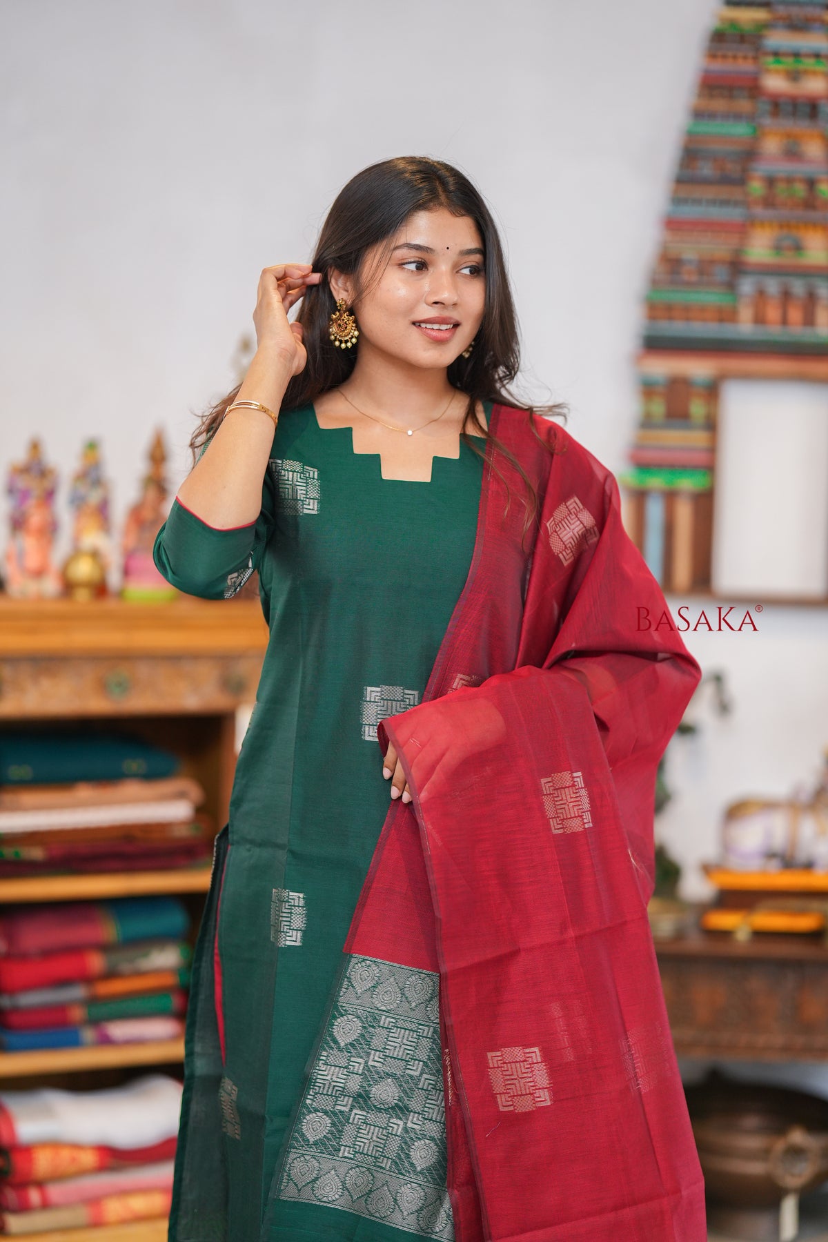 British Racing Green n Burgundy Kora Silk Suit Set (3 pcs.) with lining