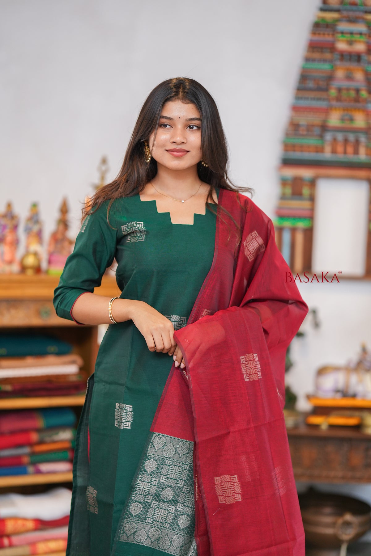 British Racing Green n Burgundy Kora Silk Suit Set (3 pcs.) with lining