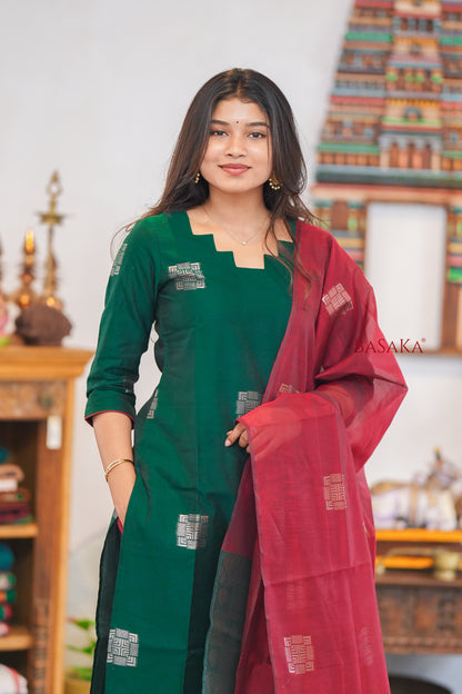 British Racing Green n Burgundy Kora Silk Suit Set (3 pcs.) with lining