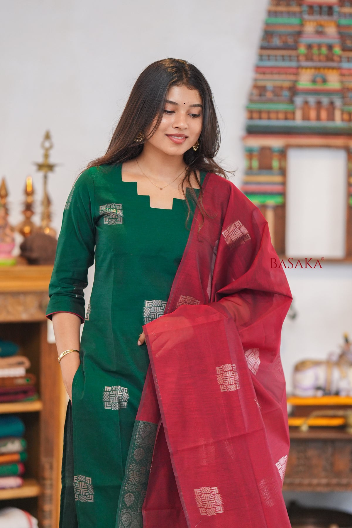 British Racing Green n Burgundy Kora Silk Suit Set (3 pcs.) with lining