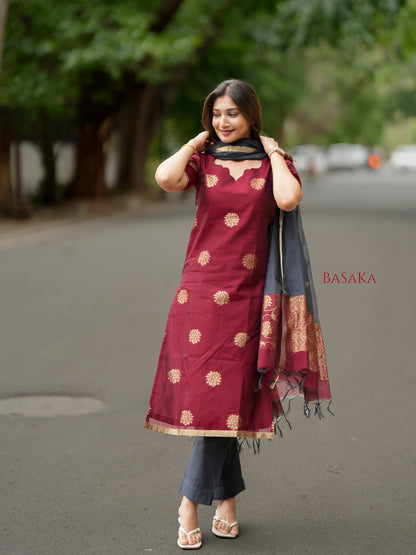 Burgundy n Grey Kora Silk Suit Set (3 Pcs) with lining