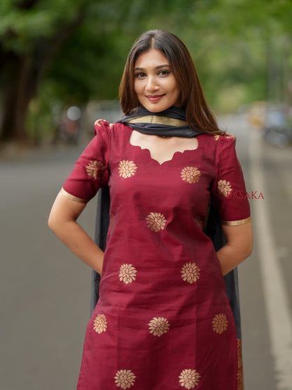 Burgundy n Grey Kora Silk Suit Set (3 Pcs) with lining