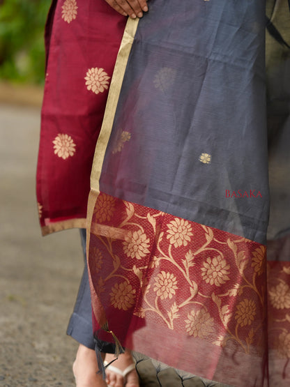 Burgundy n Grey Kora Silk Suit Set (3 Pcs) with lining