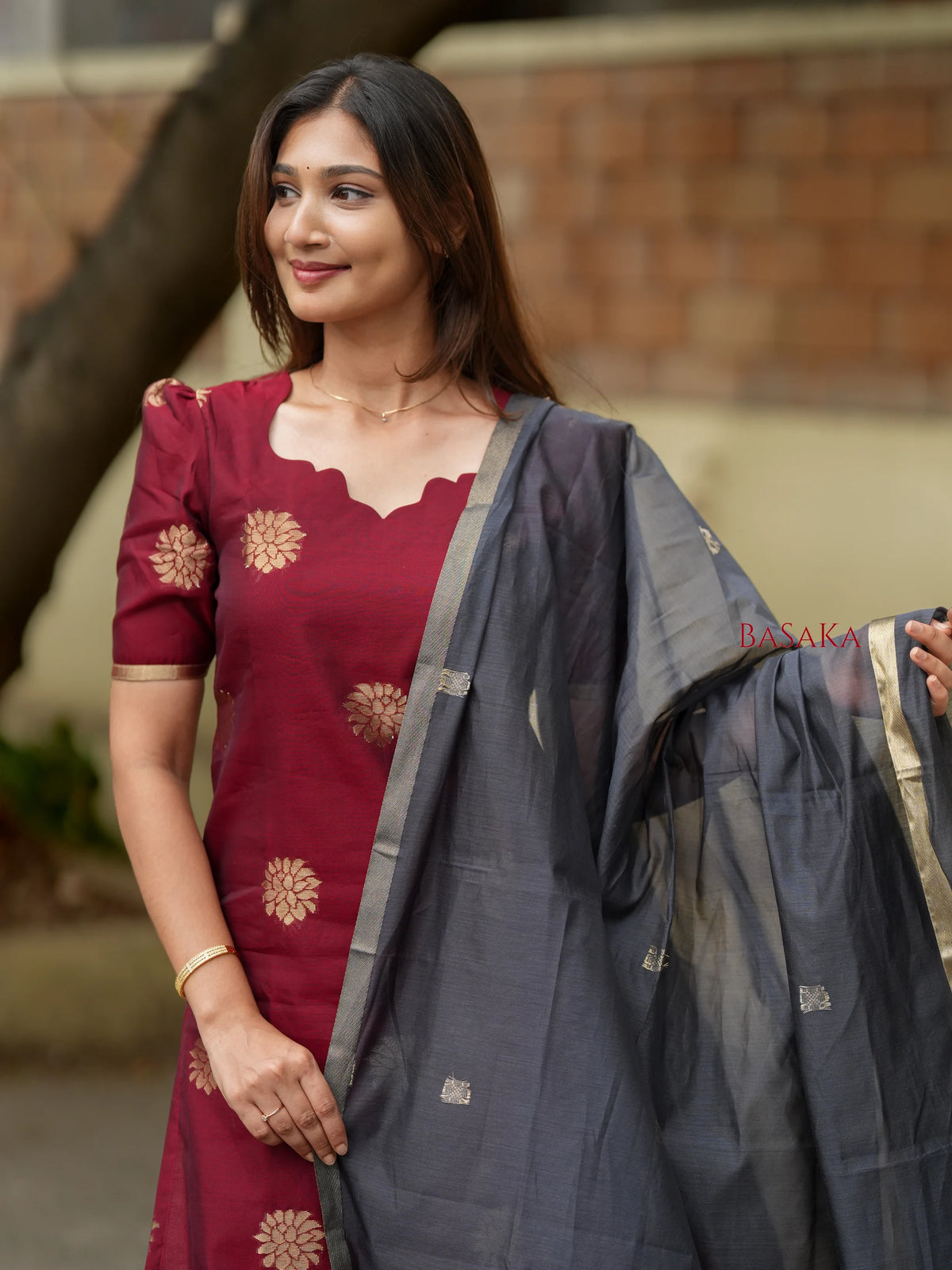Burgundy n Grey Kora Silk Suit Set (3 Pcs) with lining