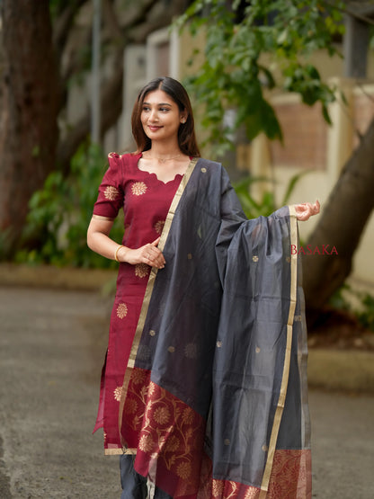 Burgundy n Grey Kora Silk Suit Set (3 Pcs) with lining