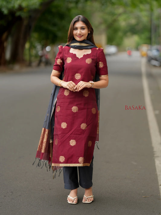 Burgundy n Grey Kora Silk Suit Set (3 Pcs) with lining