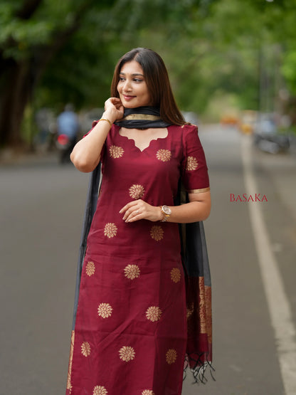 Burgundy n Grey Kora Silk Suit Set (3 Pcs) with lining