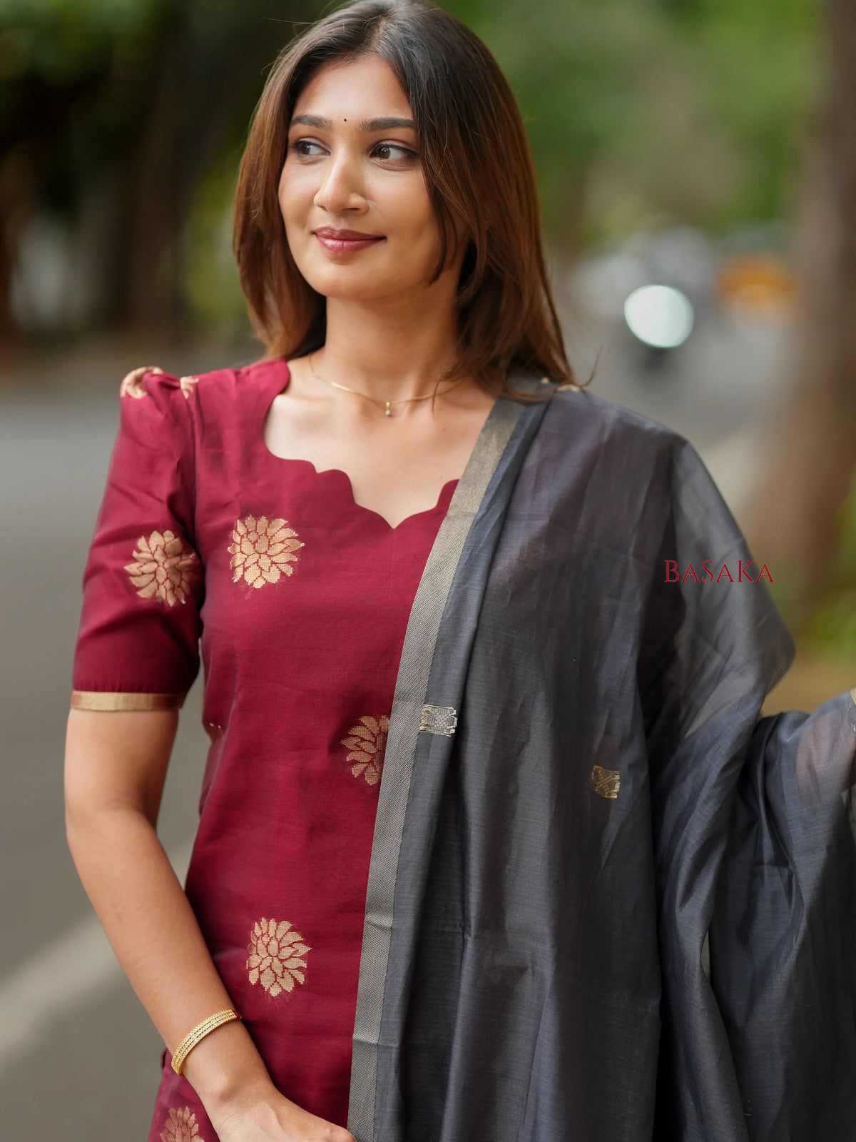 Burgundy n Grey Kora Silk Suit Set (3 Pcs) with lining
