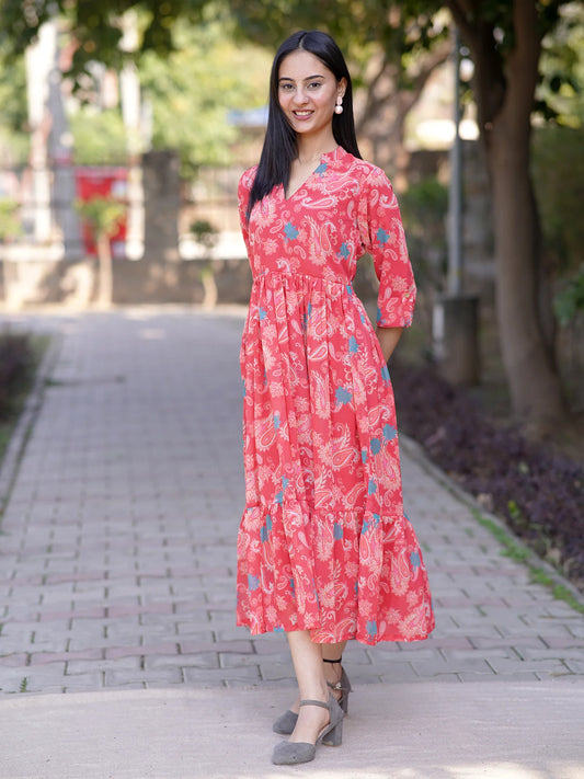 Carmine Bloom Georgette Tiered Dress