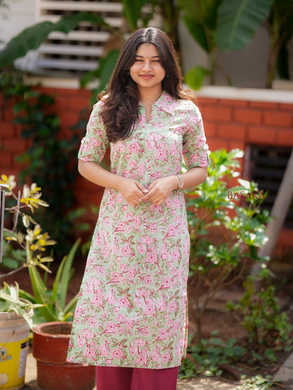 Celadon Orchard Block Printed Shirt Collar Kurta