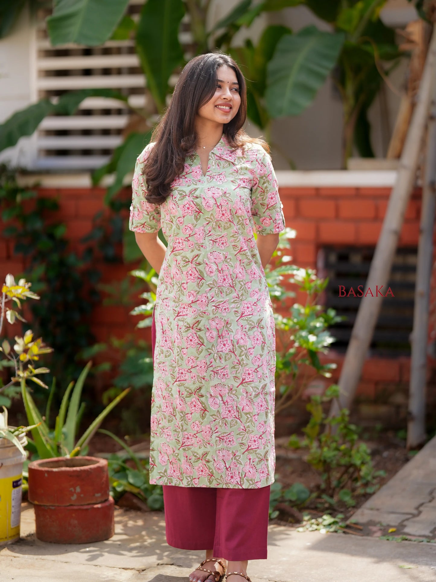 Celadon Orchard Block Printed Shirt Collar Kurta