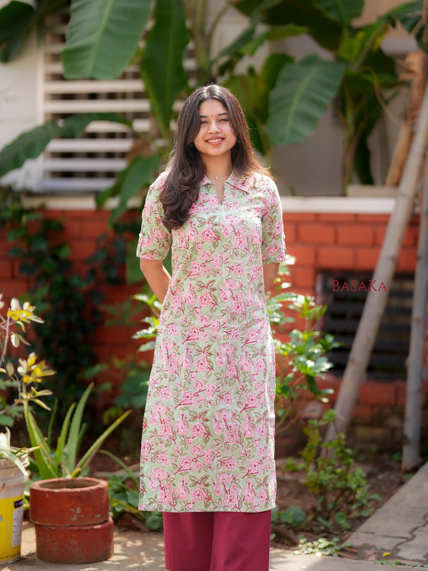 Celadon Orchard Block Printed Shirt Collar Kurta