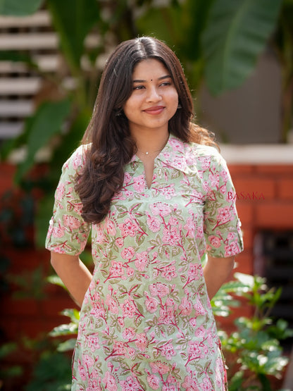 Celadon Orchard Block Printed Shirt Collar Kurta