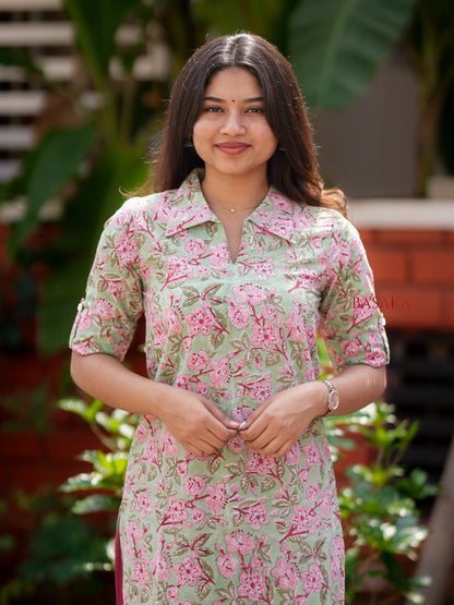 Celadon Orchard Block Printed Shirt Collar Kurta