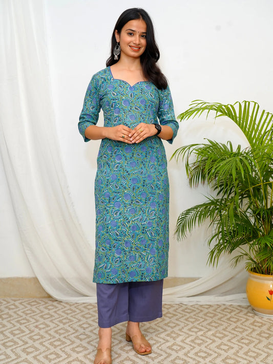 Cerulean Blue Floral Block Printed COTTON Kurta