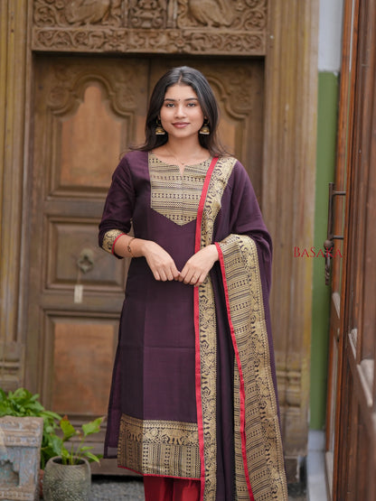 Chocolate Brown Handloom Kurta and Dupatta Set with lining (2 Pcs.)