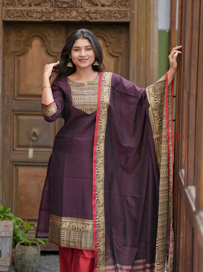 Chocolate Brown Handloom Kurta and Dupatta Set with lining (2 Pcs.)