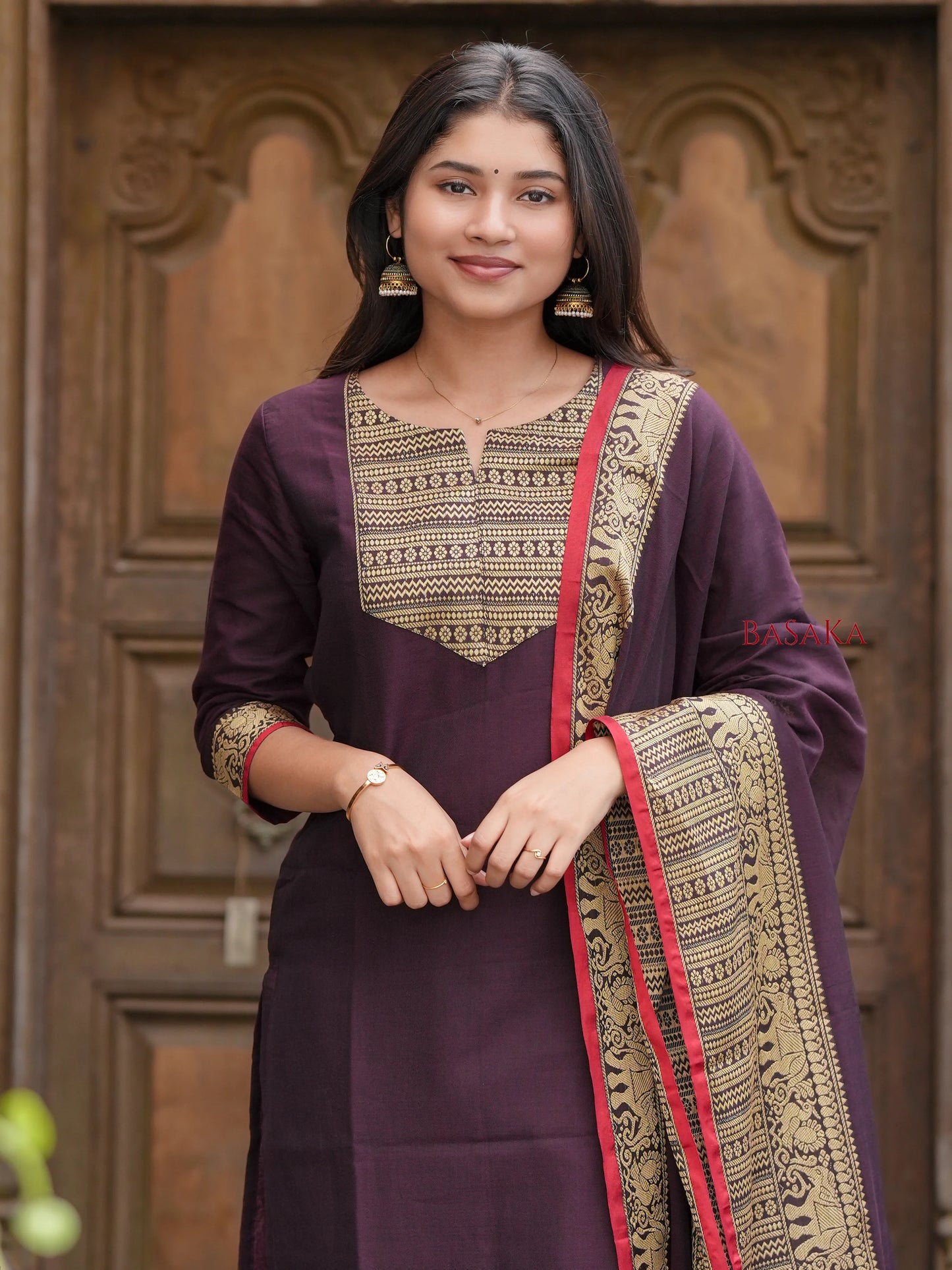 Chocolate Brown Handloom Kurta and Dupatta Set with lining (2 Pcs.)