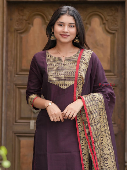 Chocolate Brown Handloom Kurta and Dupatta Set with lining (2 Pcs.)