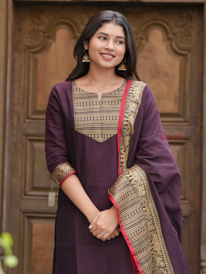 Chocolate Brown Handloom Kurta and Dupatta Set with lining (2 Pcs.)