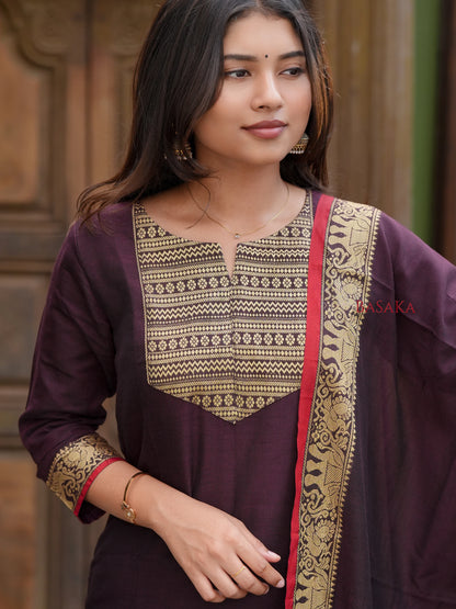 Chocolate Brown Handloom Kurta and Dupatta Set with lining (2 Pcs.)