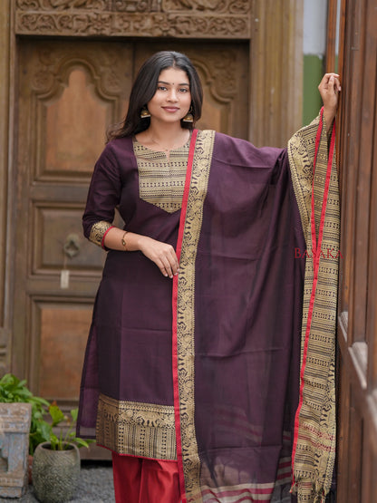 Chocolate Brown Handloom Kurta and Dupatta Set with lining (2 Pcs.)