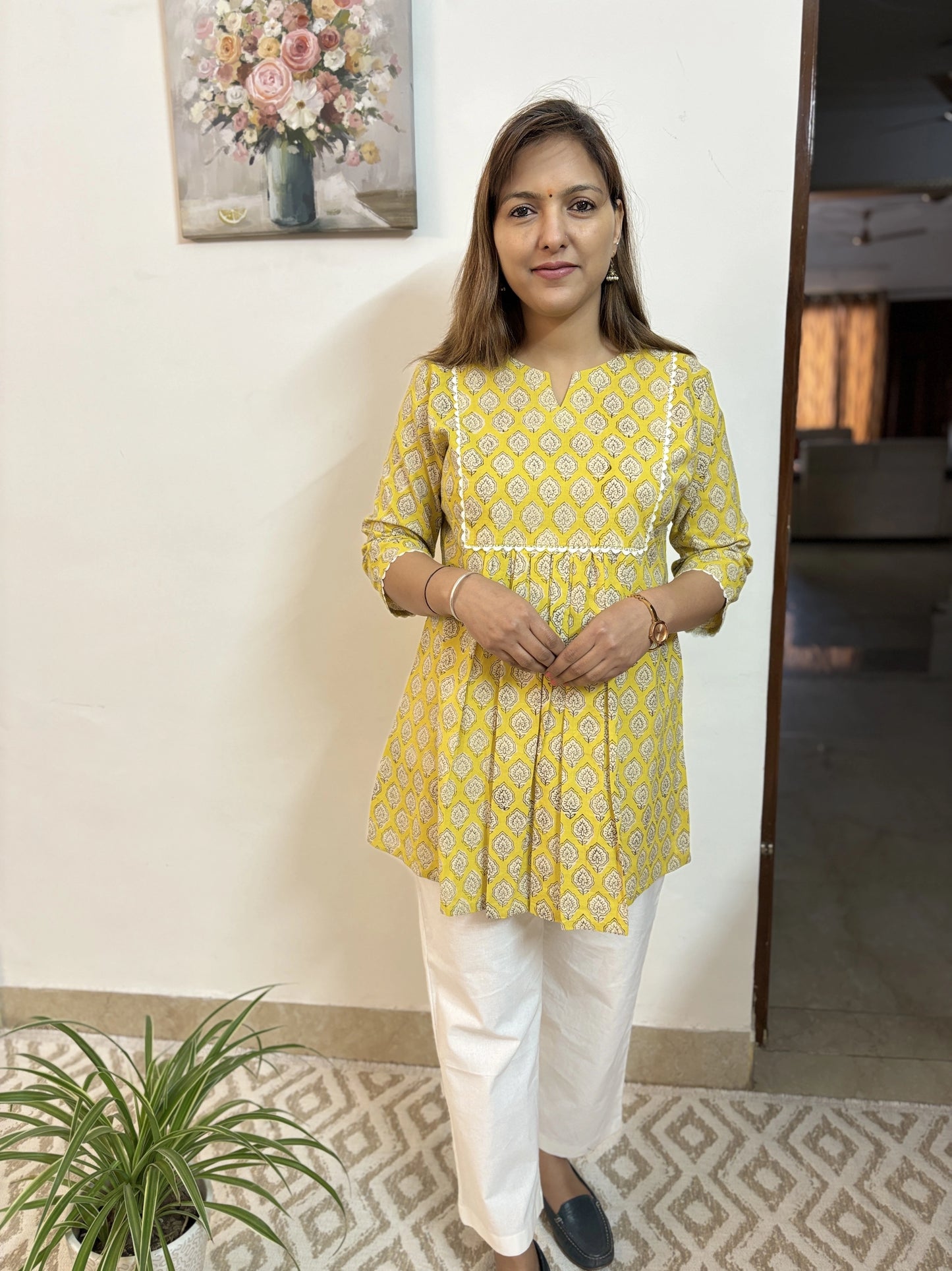 Citrine Yellow Gathered Cotton Kurti