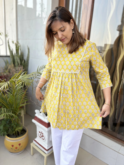 Citrine Yellow Gathered Cotton Kurti