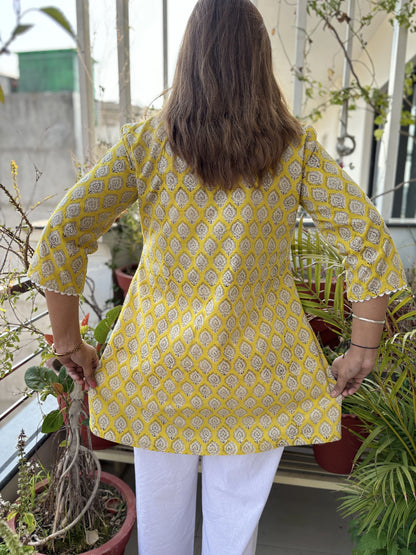 Citrine Yellow Gathered Cotton Kurti