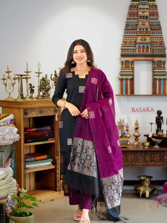 Classic Black Kora Silk Suit Set (3 Pcs) with lining