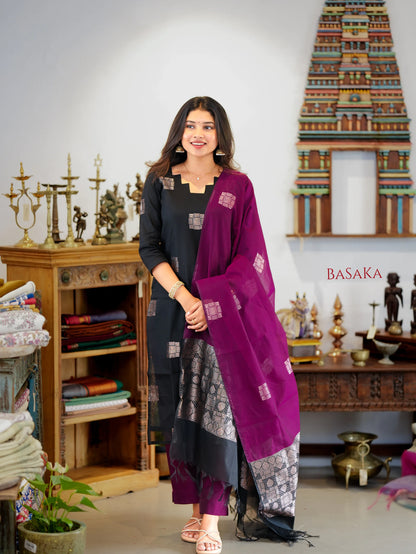 Classic Black Kora Silk Suit Set (3 Pcs) with lining