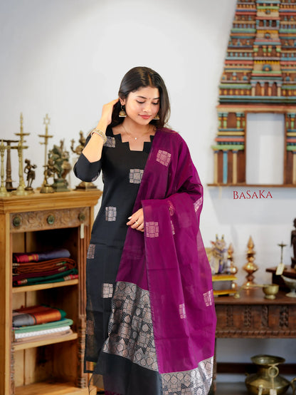 Classic Black Kora Silk Suit Set (3 Pcs) with lining