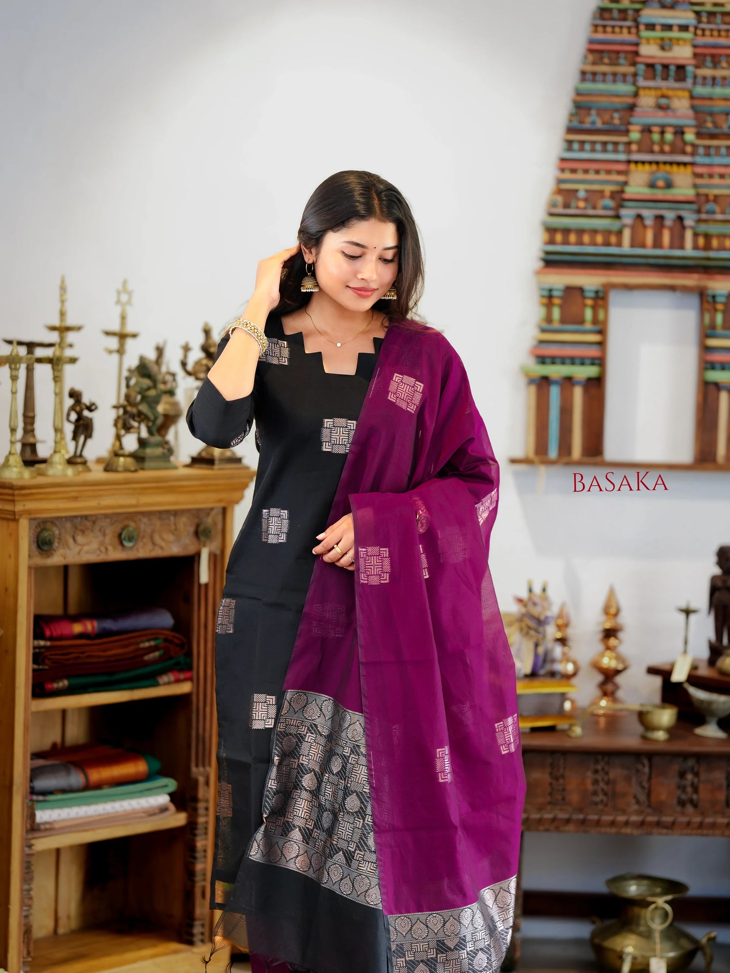 Classic Black Kora Silk Suit Set (3 Pcs) with lining