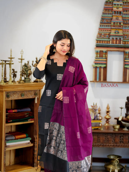 Classic Black Kora Silk Suit Set (3 Pcs) with lining
