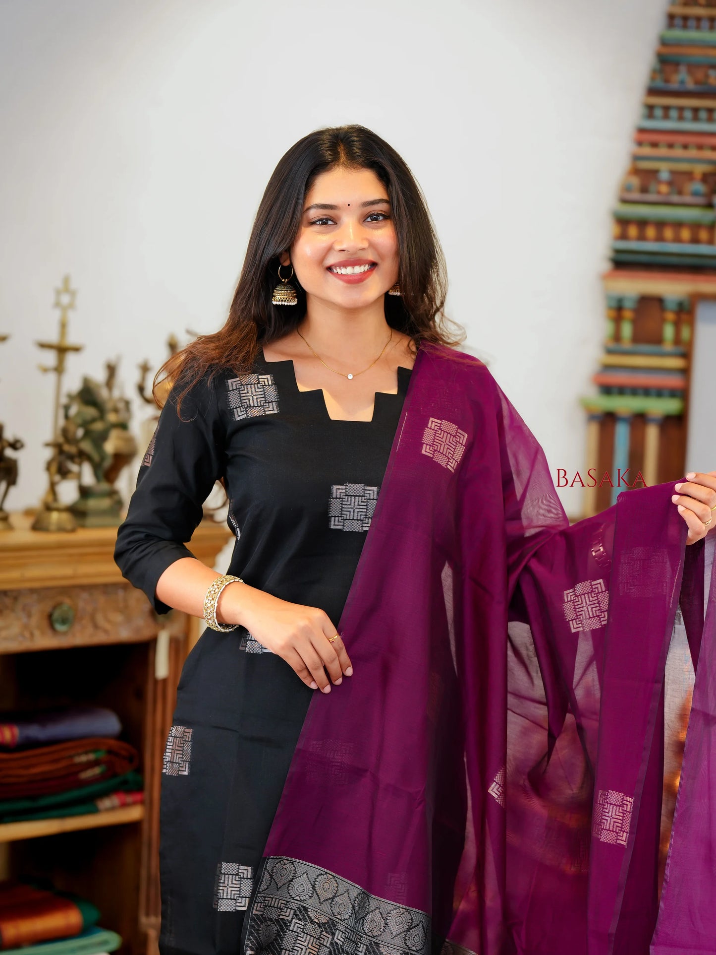 Classic Black Kora Silk Suit Set (3 Pcs) with lining