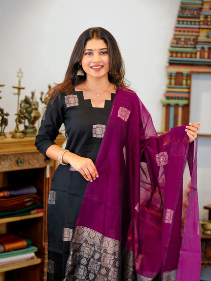 Classic Black Kora Silk Suit Set (3 Pcs) with lining