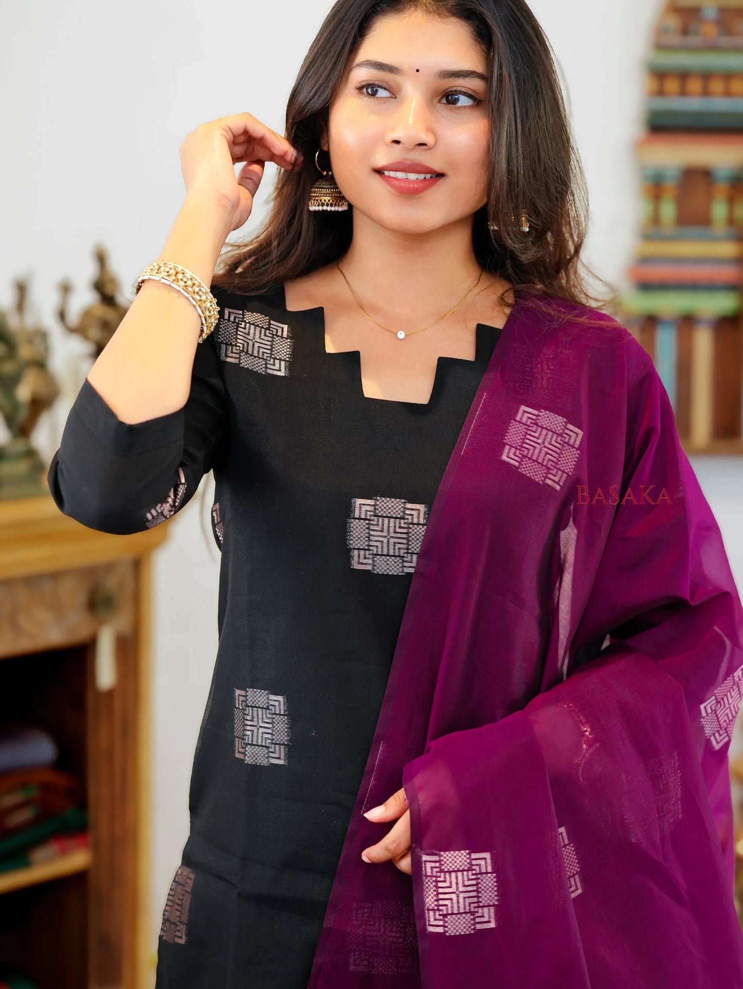 Classic Black Kora Silk Suit Set (3 Pcs) with lining