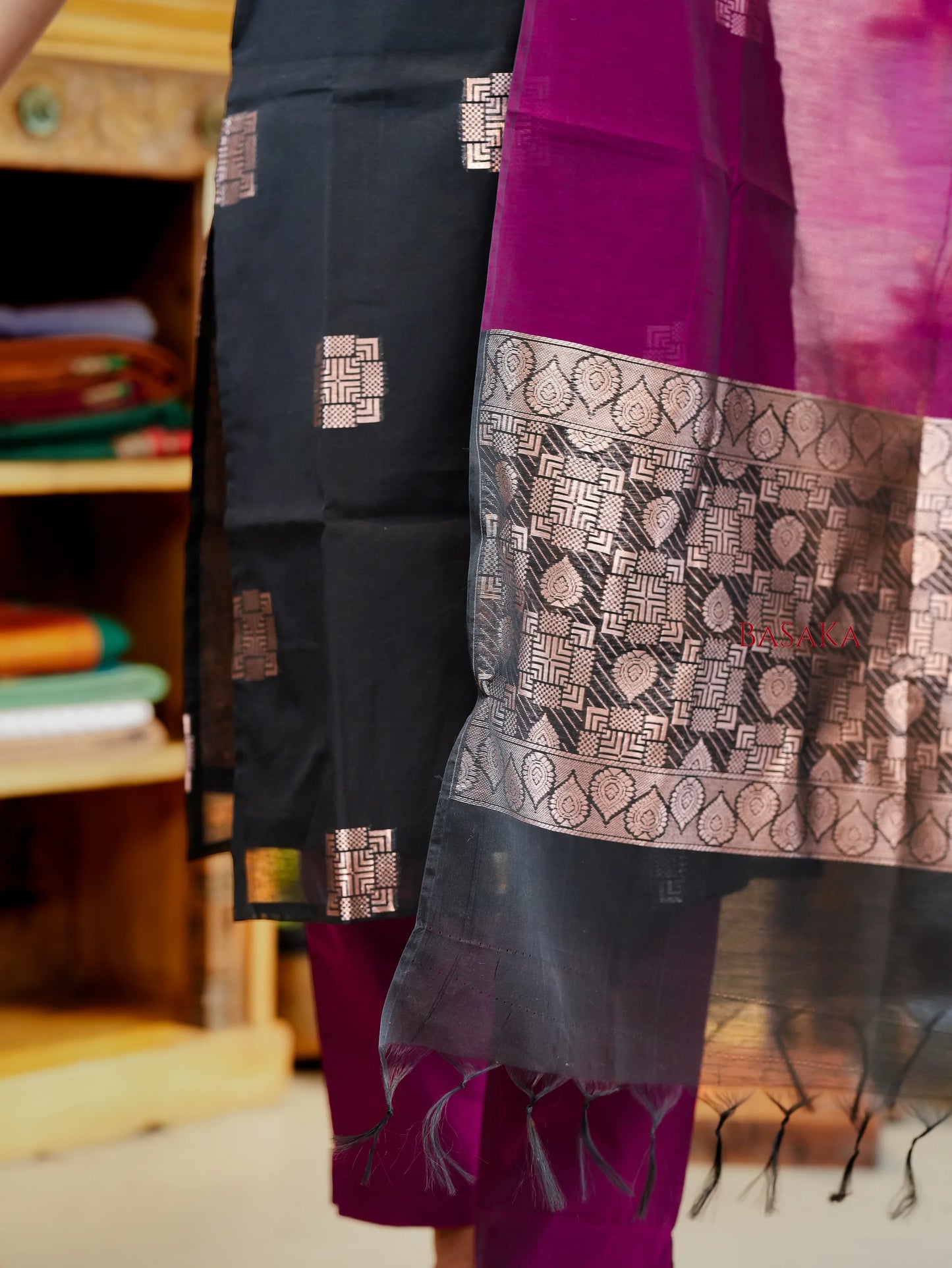 Classic Black Kora Silk Suit Set (3 Pcs) with lining