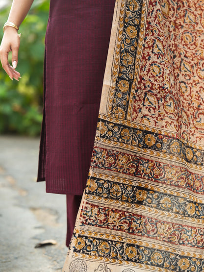 Coffee Brown Kalamkari South Cotton Suit Set (3Pcs.)
