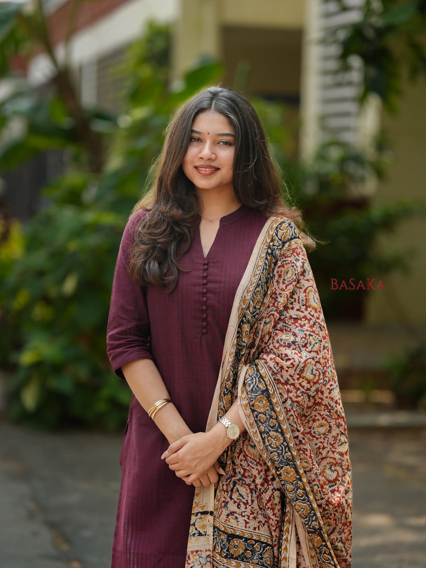 Coffee Brown Kalamkari South Cotton Suit Set (3Pcs.)