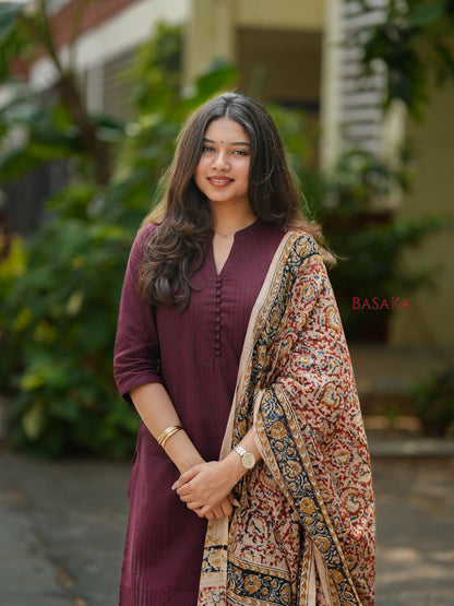 Coffee Brown Kalamkari South Cotton Suit Set (3Pcs.)